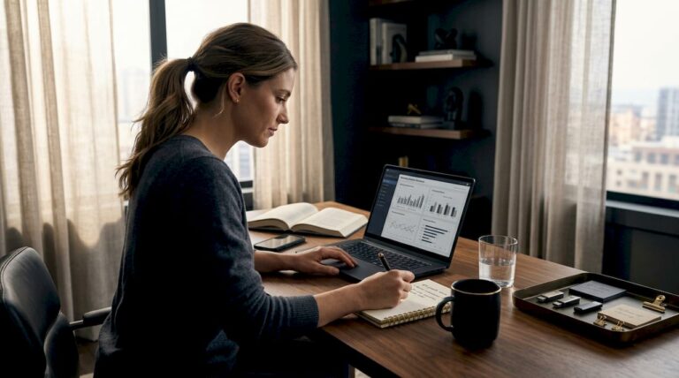 Entrepreneur reviewing website analytics in home office