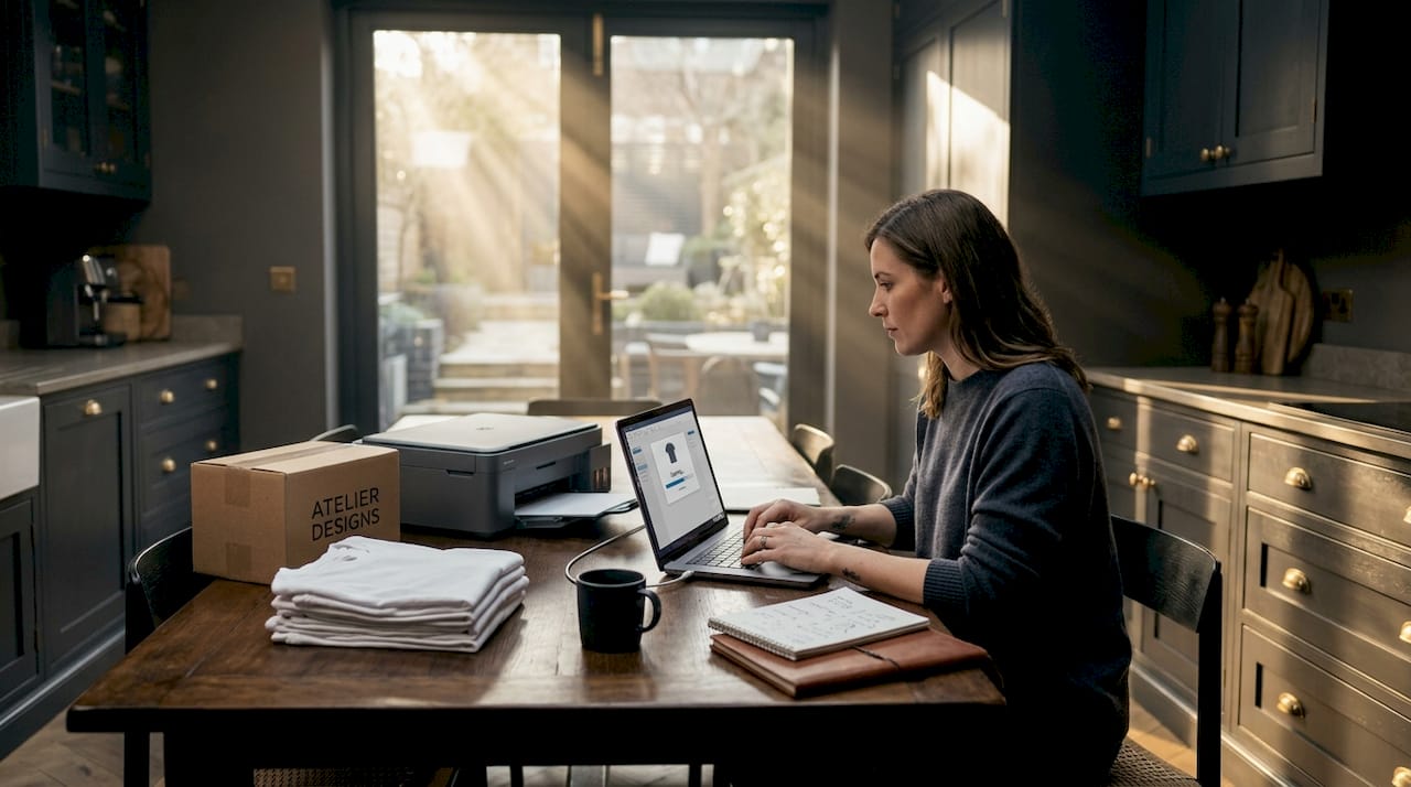 Woman prepares print on demand orders at home